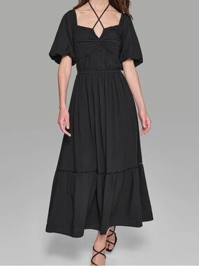 KARL LAGERFELD Black Puff-Sleeve Midi Dress with Back Tie